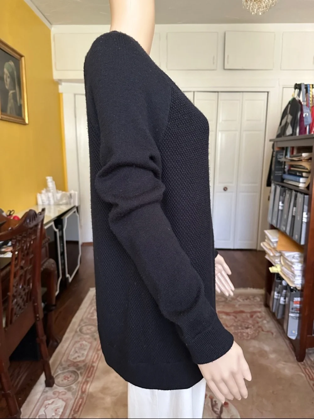 Vince Black Wool Asymmetrical Leather Trim Zip Sweater Size M
